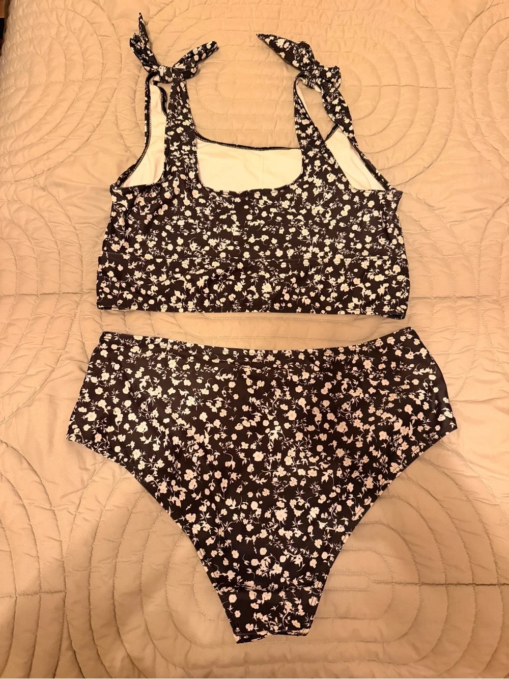 Shein Black Floral High-Waist Bikini Set with Tie-Strap Top